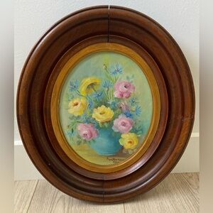 vintage 1940's orginal floral oil painting on board oval wood frame signed dated